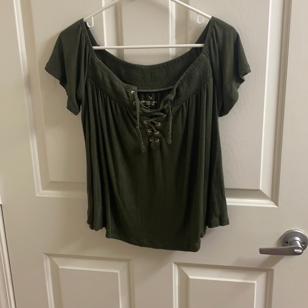 American eagle, olive green, off the shoulder top. Size small. Stretchy neck